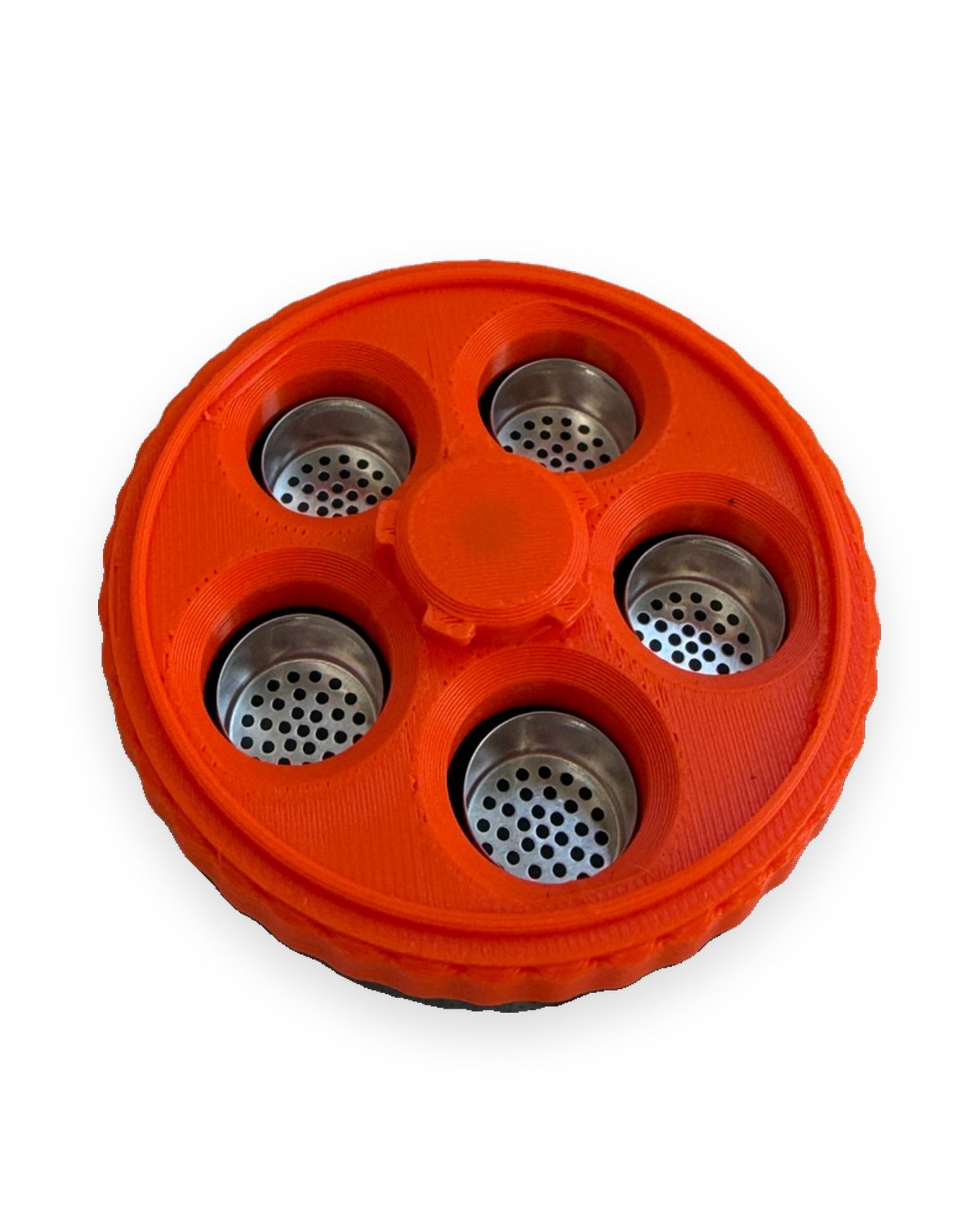 Holder with five filled capsules seated