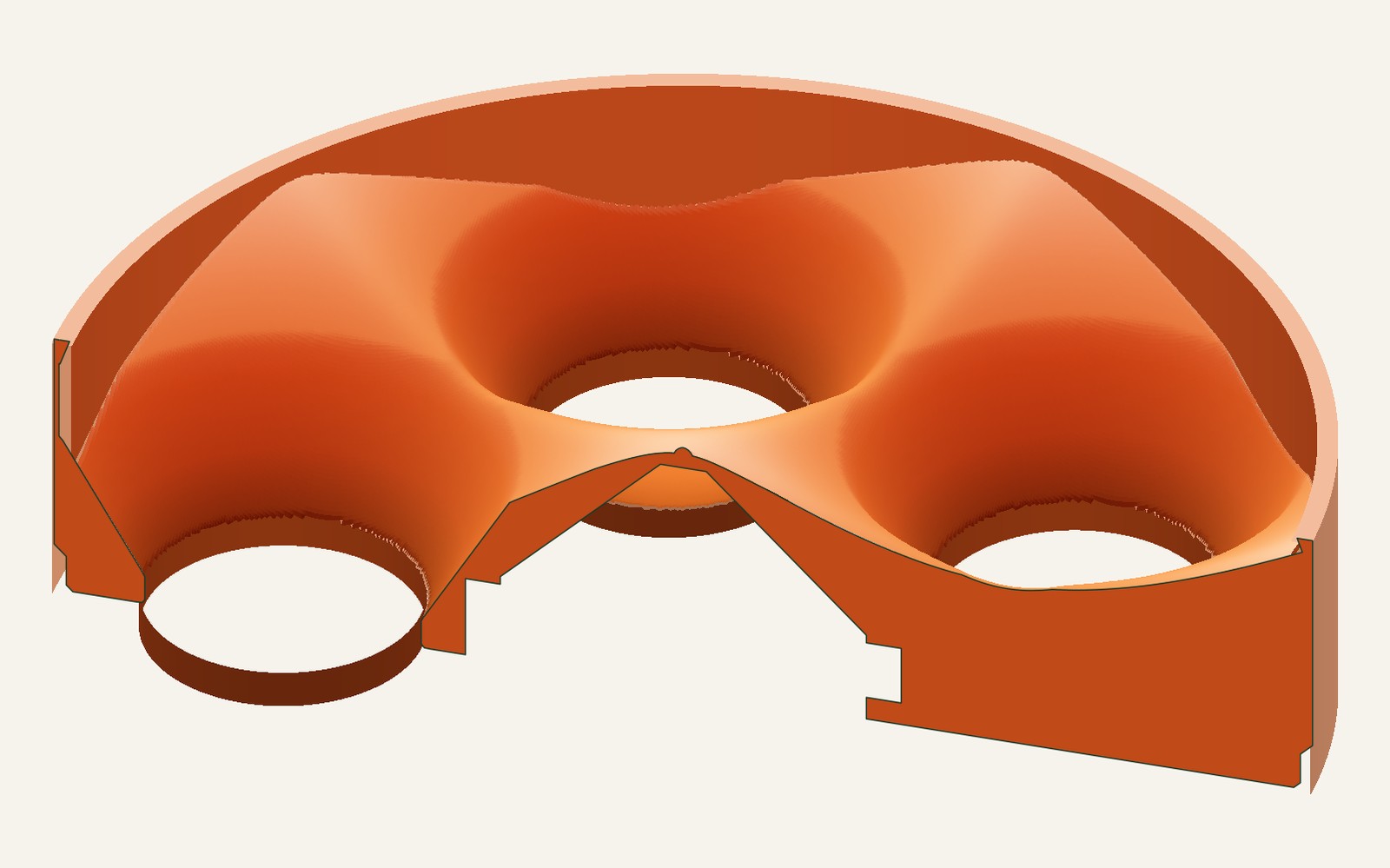 Cutaway 3D render of the dock, sliced through the centre and one funnel, showing the sculpted orange surface, the throats and the section profile