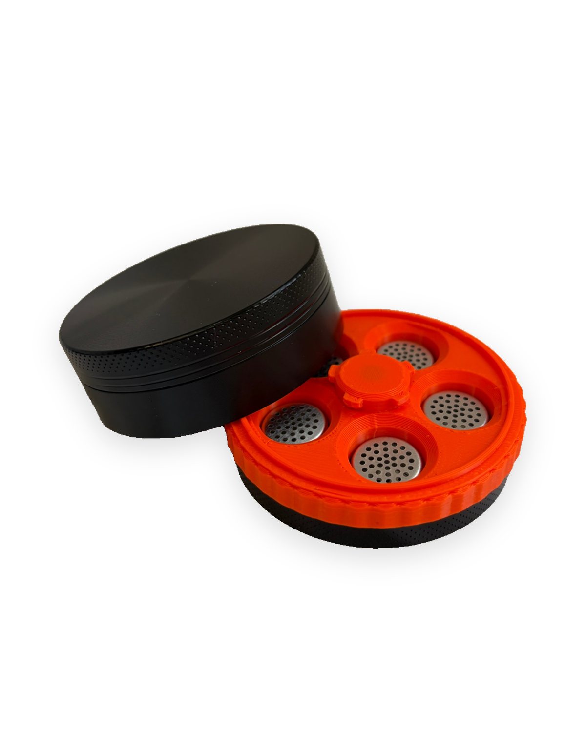 Pac n Grnd holder with five filled dosing capsules next to the grinder lid